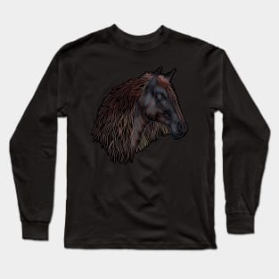 A line drawing of a brown horse with colorful mane. Long Sleeve T-Shirt